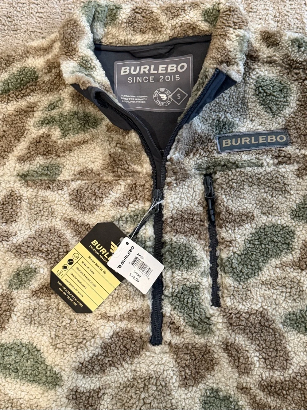 NWT men’s BURLEBO Camouflage Sherpa Fleece Pullover quarter zip size small